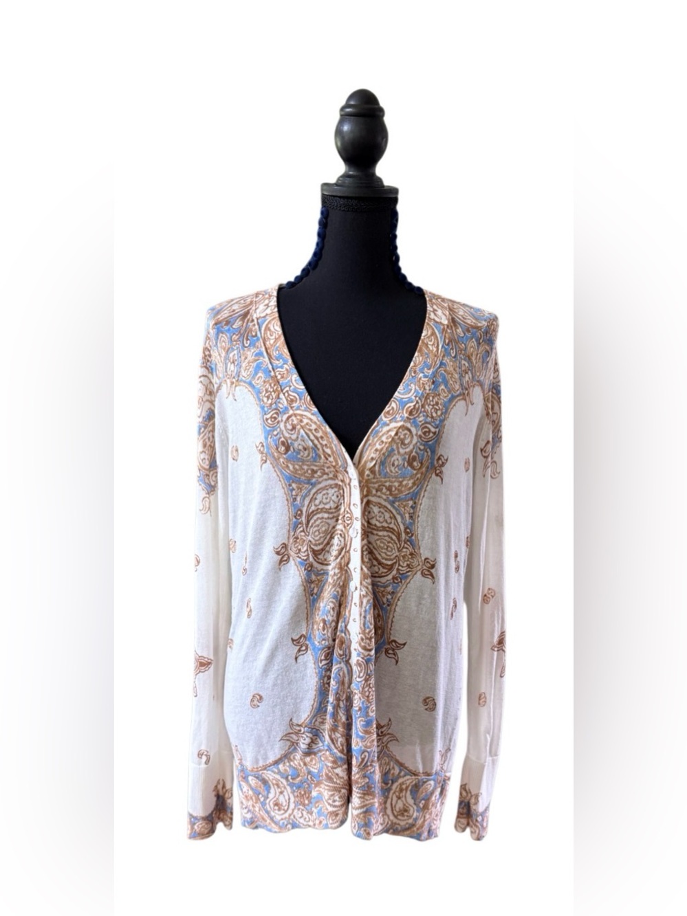 Martha Stewart Cream Button-Front Cardigan with Blue and Tan Paisley